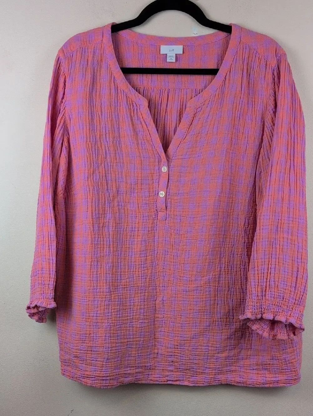 J. Jill Lightweight Coral & Lavender Cotton Gauze Henley Women’s Top Size PXL